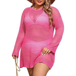 Crochet Long Sleeve Mesh Knit Coverup Dress, S, 3I-129D1004